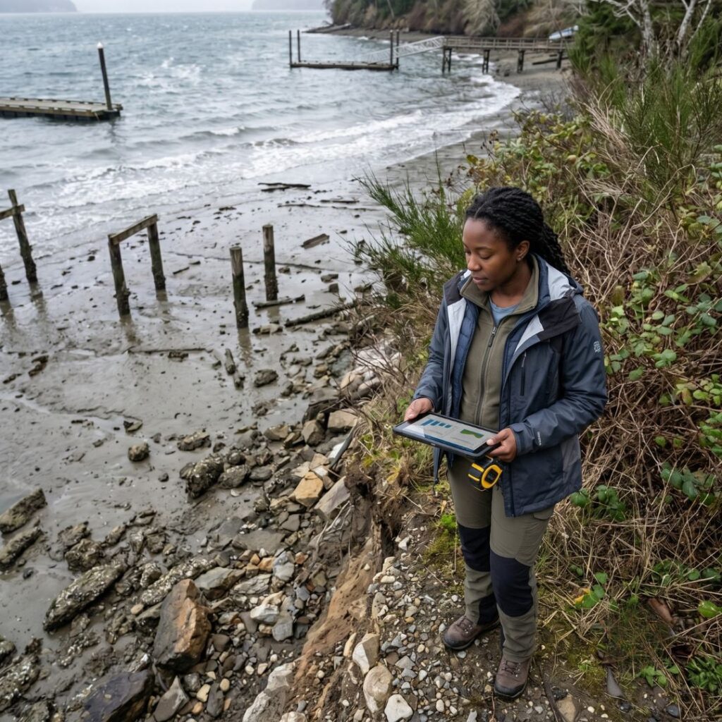 woman by dock holding tablet