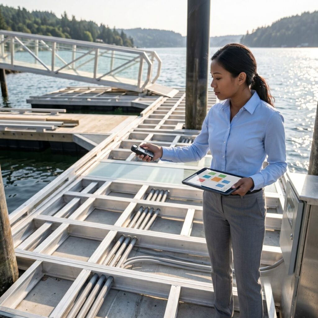 woman on dock holding tablet